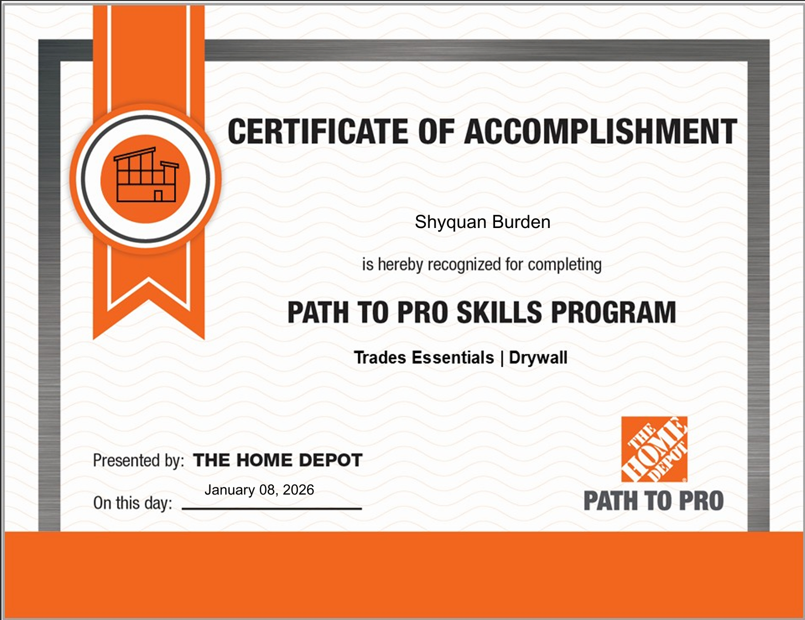 Home Depot Path to Pro Certificate of Accomplishment for Shyquan Burden